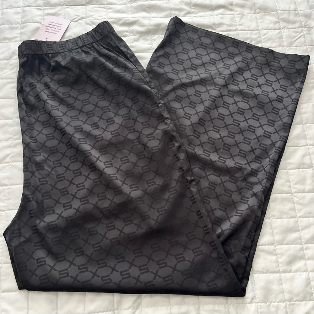 Savage x Fenty Black Satin Sleep Pants Lounge PJ Bottoms Silky All Over Logo L
